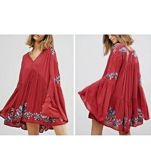 Free people te amo embroidered style dress red long sleeve bell sleeve